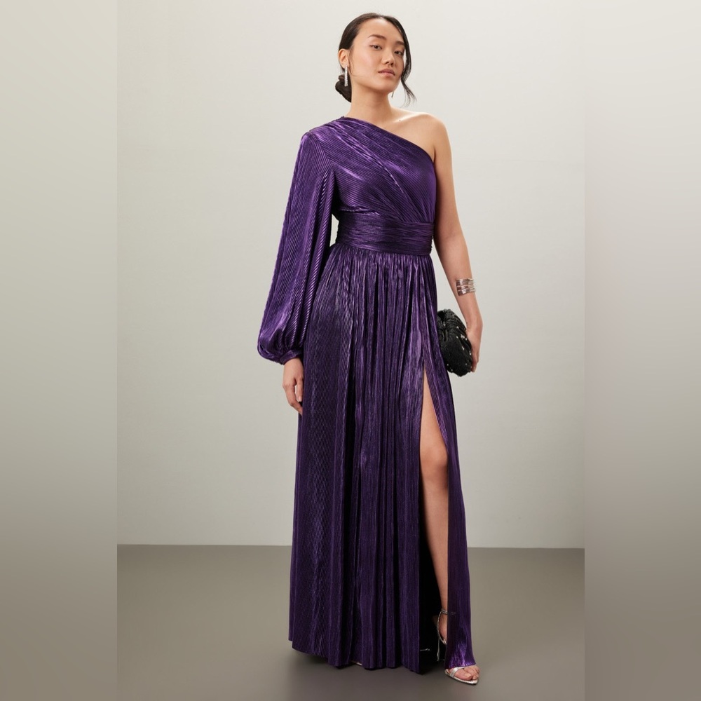 Bronx and Banco Florence Pleated One Shoulder Slit Gown Maxi Dress Purple M